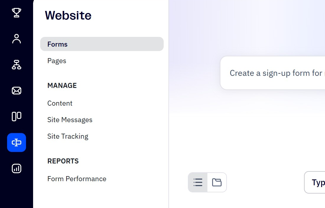 The Website menu in ActiveCampaign with Forms selected