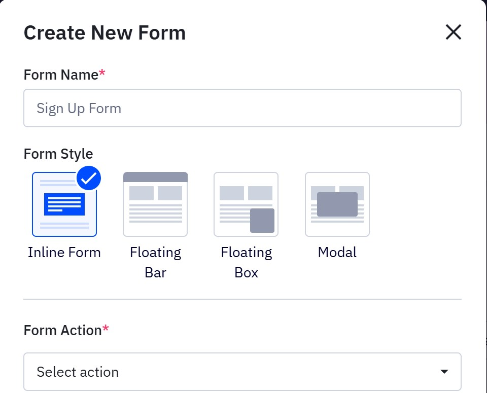 The Create New Form dialog with Inline Form selected and the Form Action dropdown