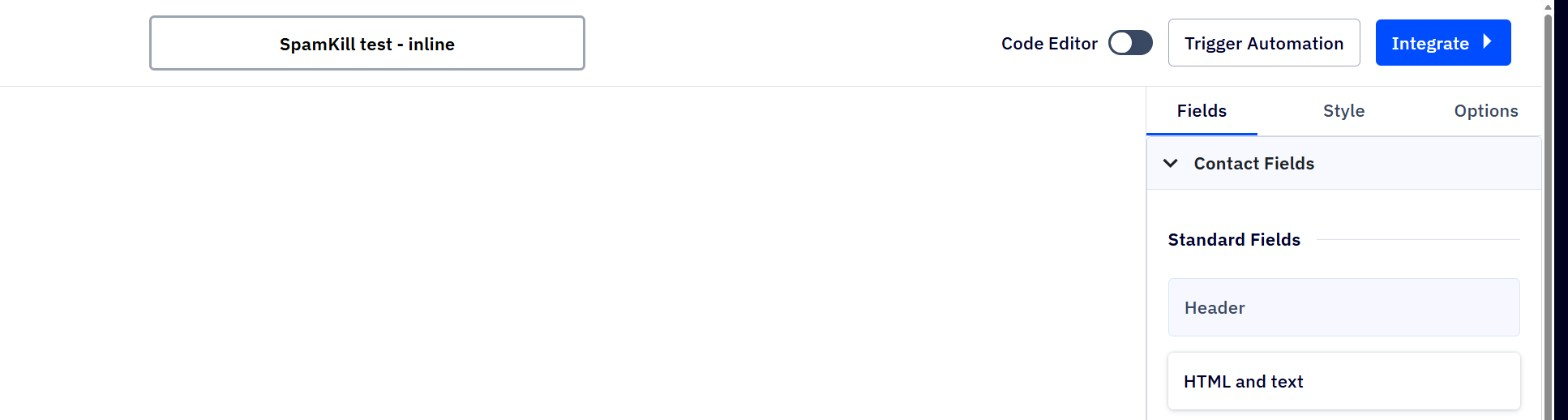 The ActiveCampaign form editor with the Integrate button at the top right
