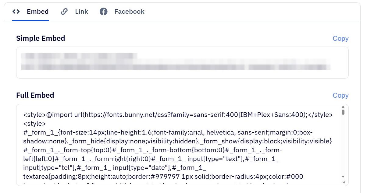 The Embed tab with a Simple Embed box and a Full Embed box, each with a Copy link