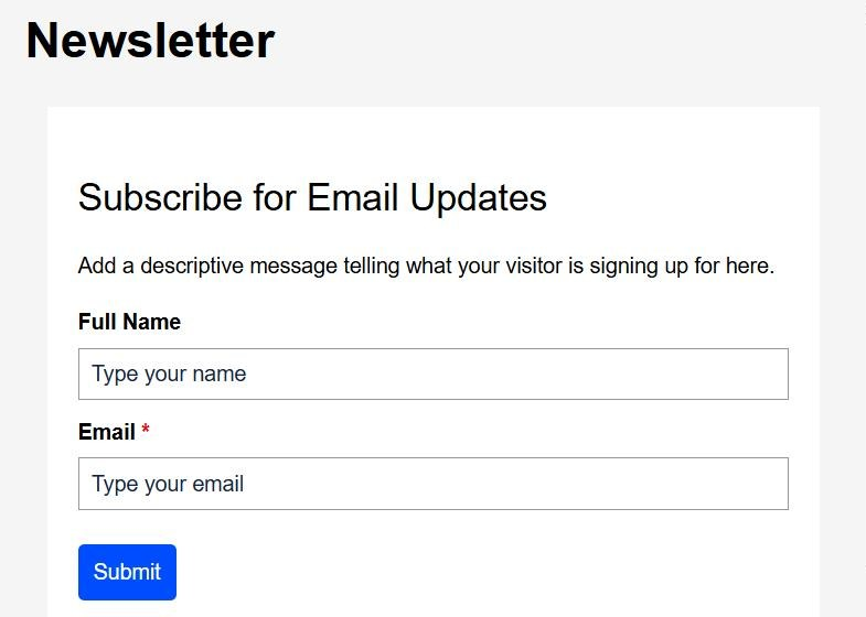 A Newsletter page showing the protected ActiveCampaign form with Full Name and Email fields