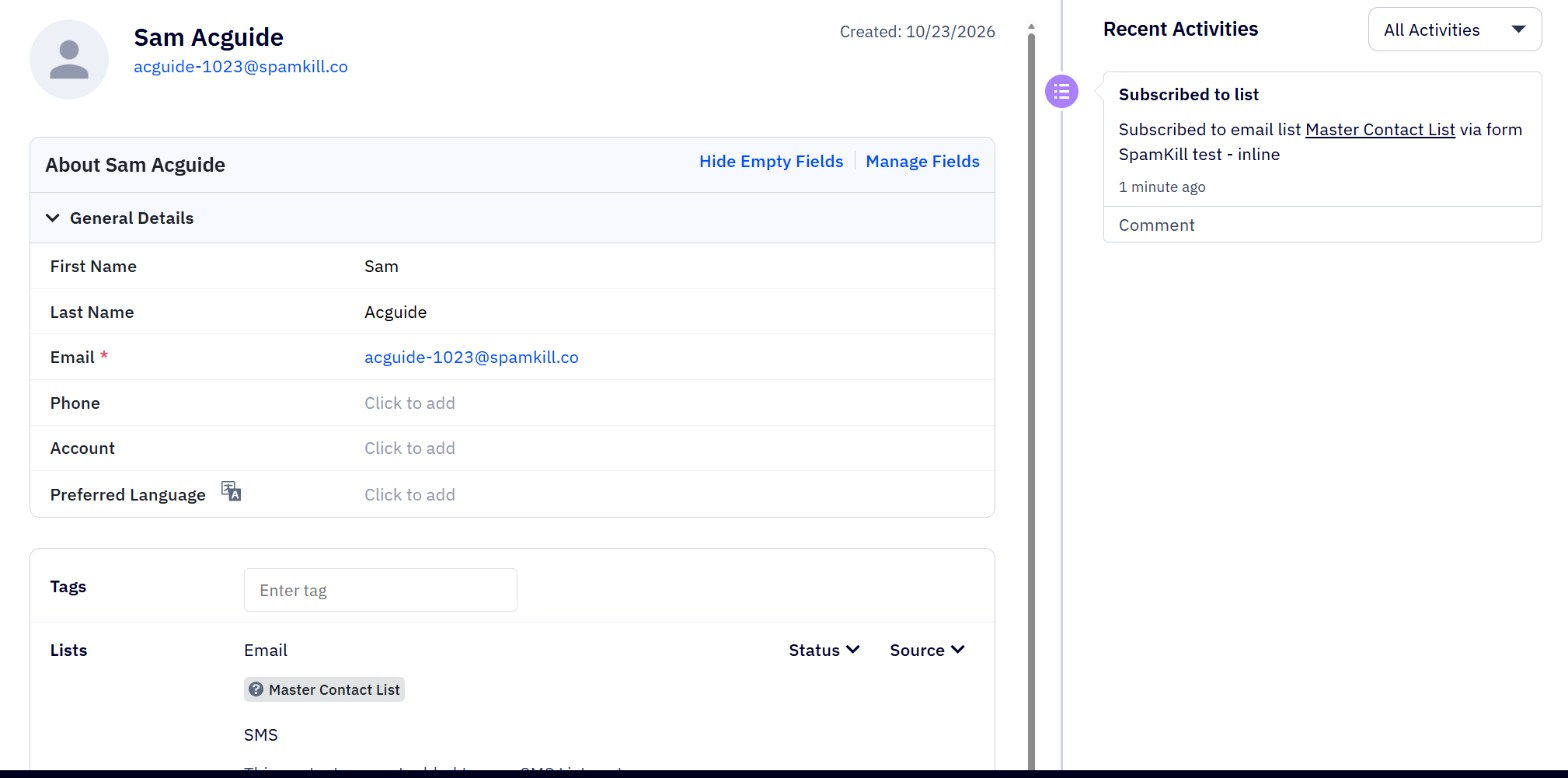 The new contact in ActiveCampaign with first and last name filled in, and an activity saying it subscribed to the list via the form