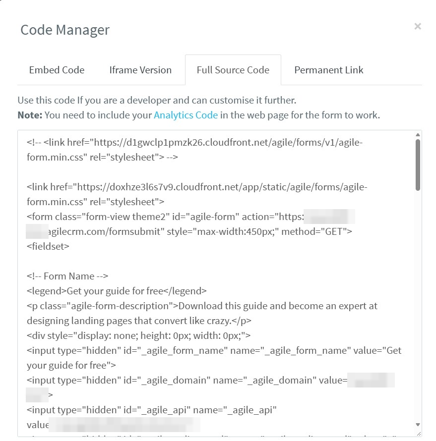 The Code Manager's Full Source Code tab with the form's HTML