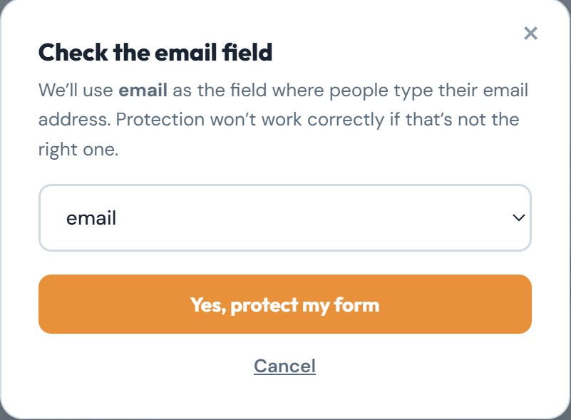 The Check the email field dialog with email selected and a Yes, protect my form button