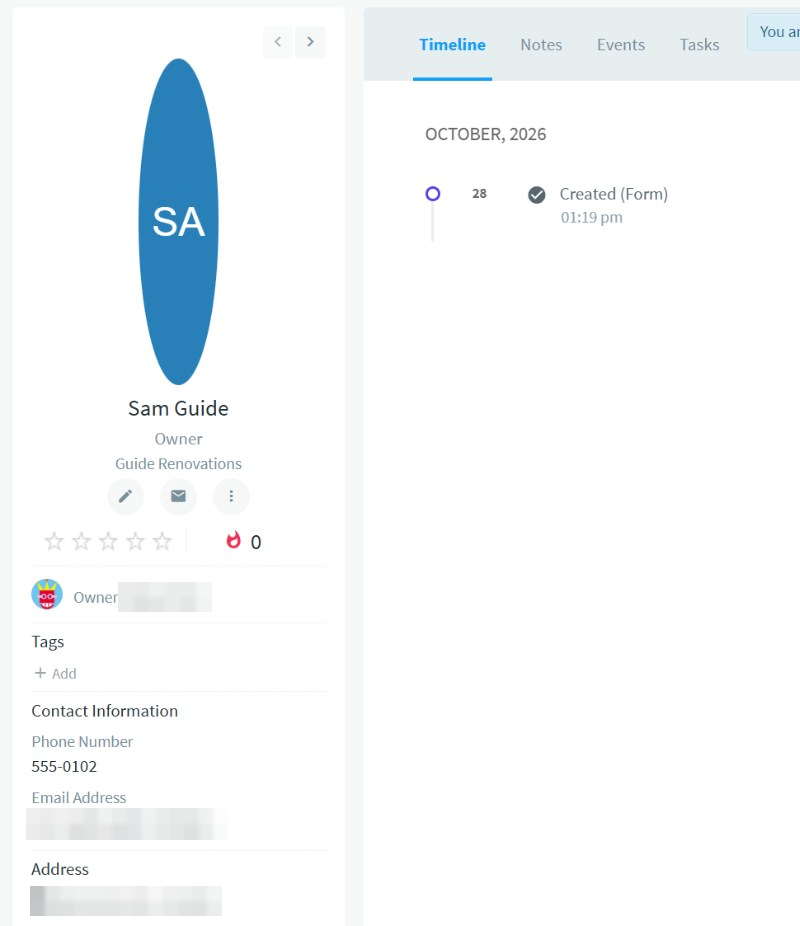The new Agile contact with title, company and phone, and Created (Form) on its timeline