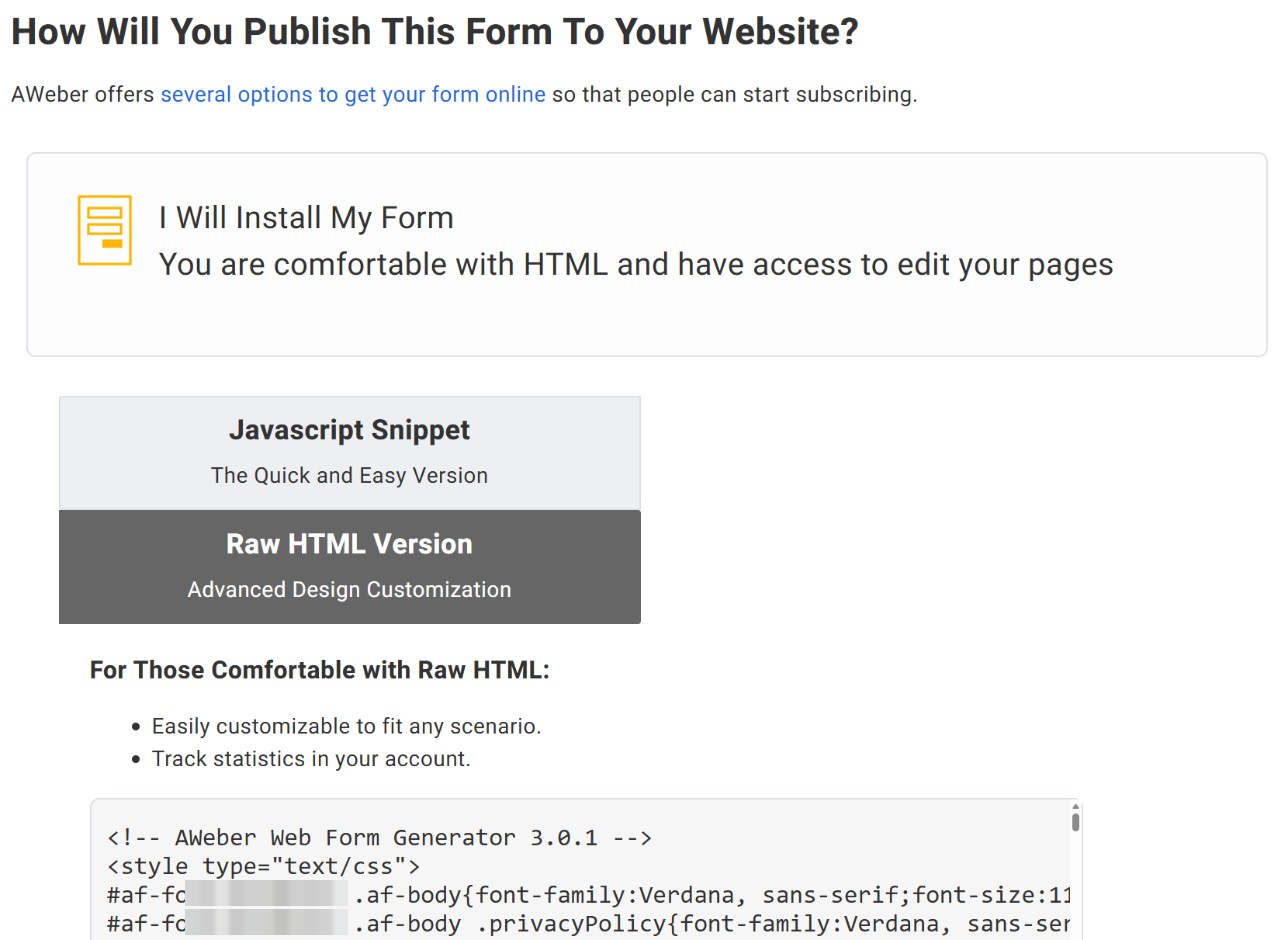 AWeber's publish options with Raw HTML Version selected and the form code box below