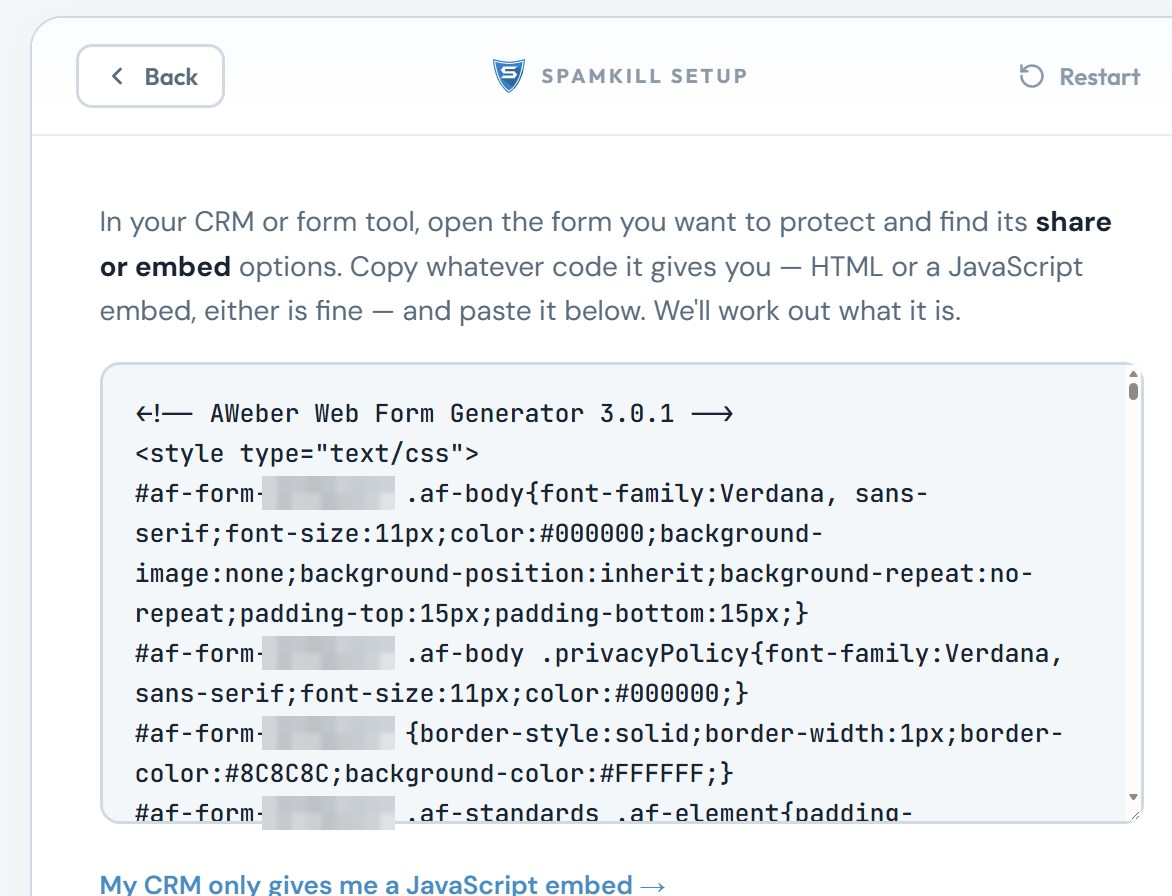 The Setup Wizard with AWeber's raw HTML form code pasted in the box