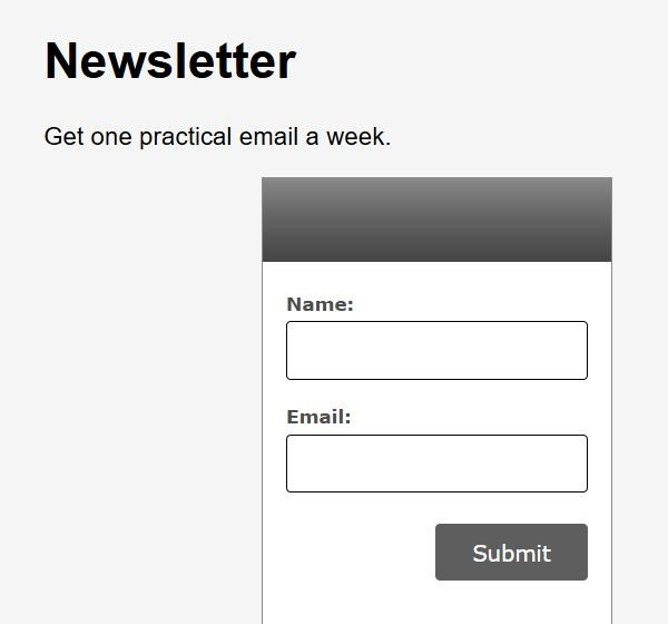 A Newsletter page showing the protected AWeber form with Name and Email fields and a Submit button