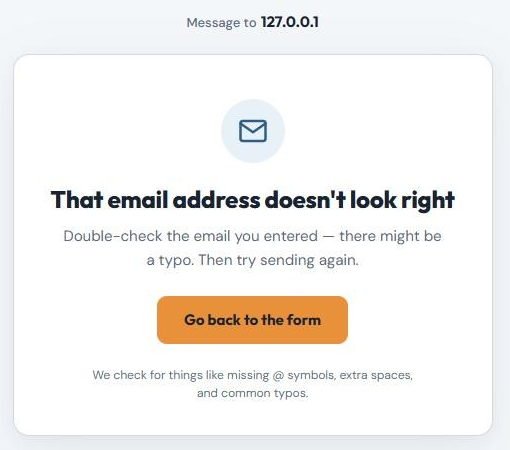 SpamKill's That email address doesn't look right page with a Go back to the form button