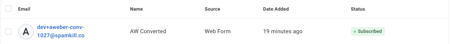 The test subscriber in AWeber Subscribers with source Web Form and status Subscribed