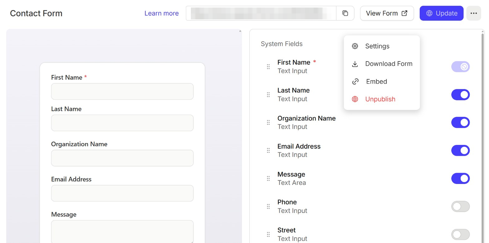 Capsule's Contact Form builder with the more-options menu open, showing Settings, Download Form, Embed and Unpublish
