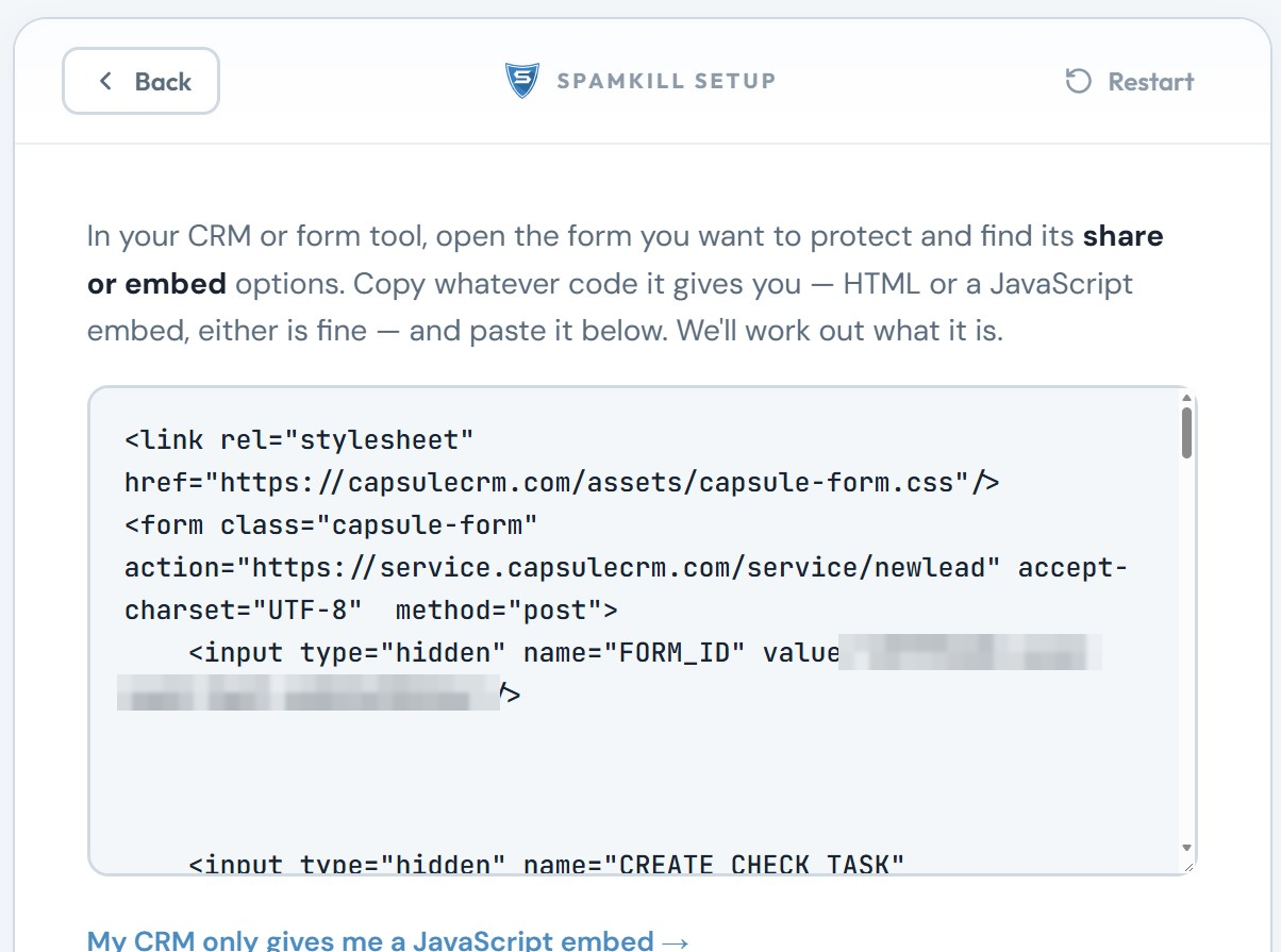 The Setup Wizard with Capsule's stylesheet line and form code pasted in the box