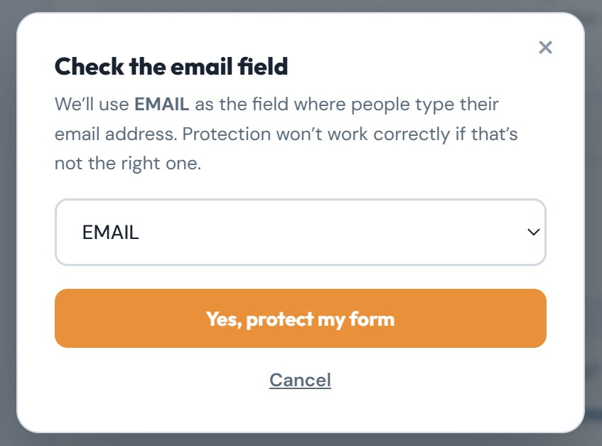 The Check the email field dialog with EMAIL selected and a Yes, protect my form button