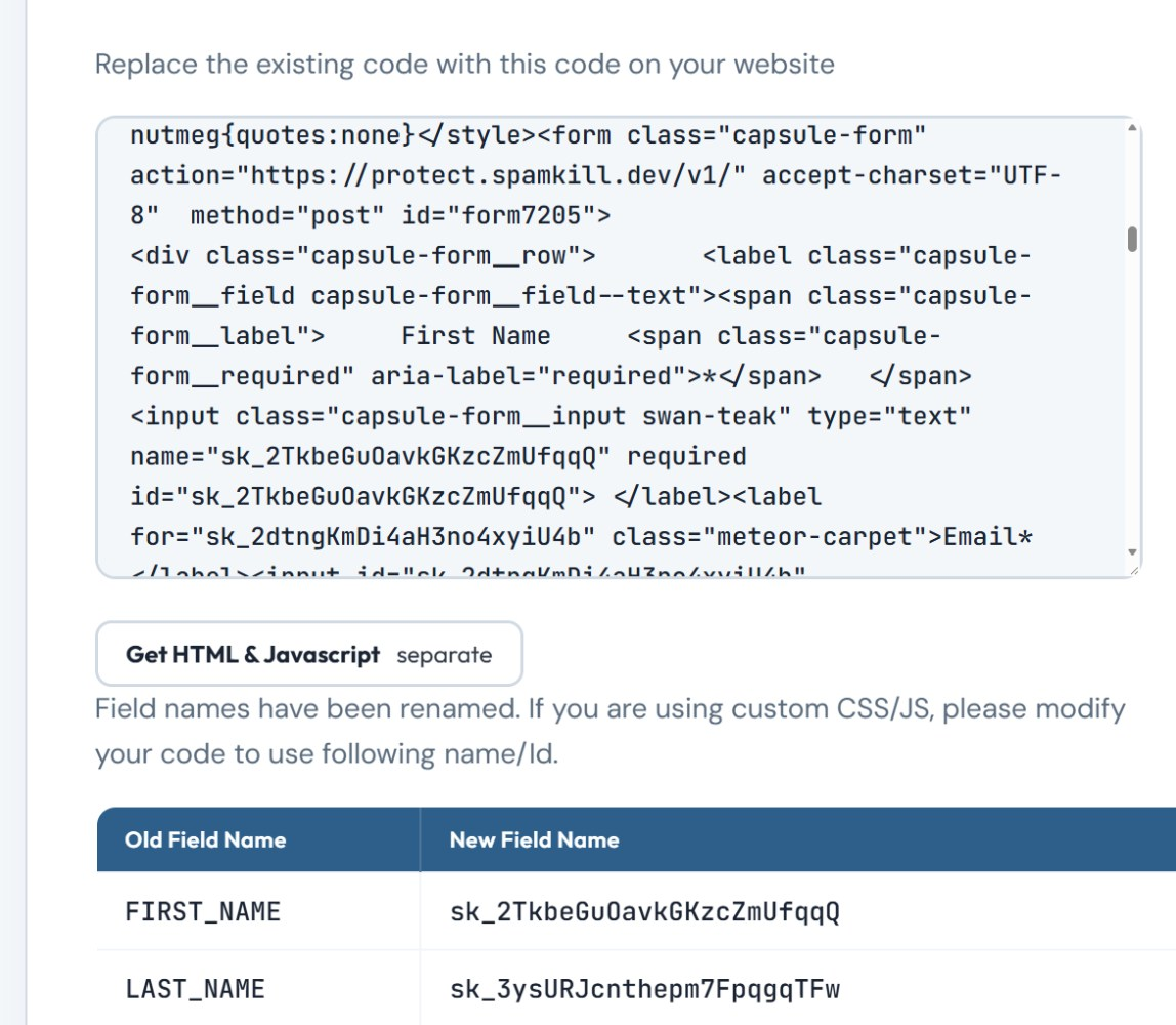 Replace the existing code with this code on your website, above the protected form code posting to protect.spamkill.dev