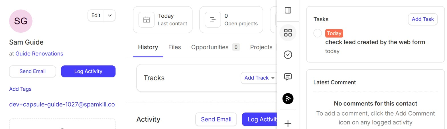 The new contact in Capsule with its organisation and a task to check the lead created by the web form