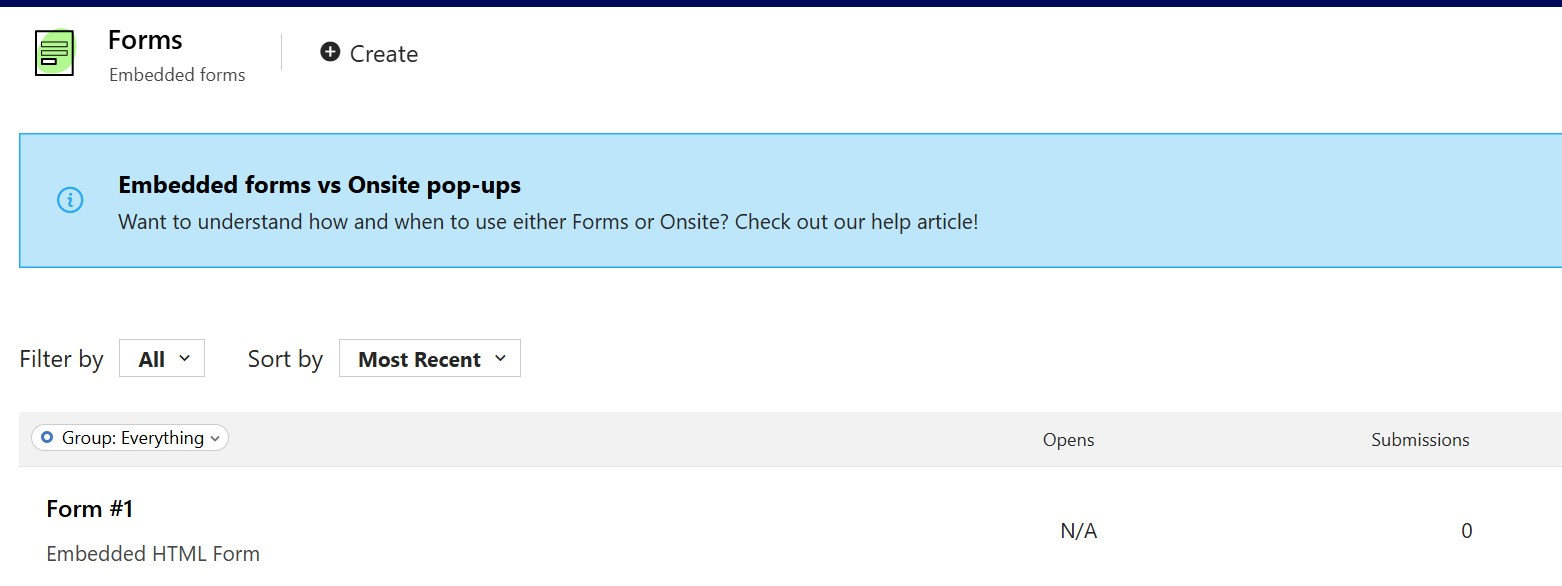 Drip's Forms page with the Create button and the list of embedded forms