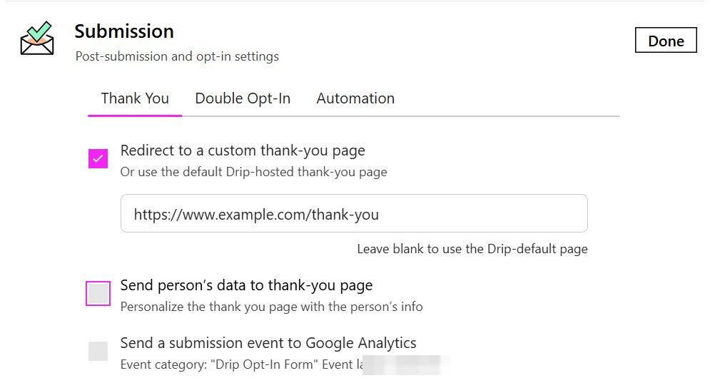 The Submission section's Thank You tab with Redirect to a custom thank-you page ticked and a thank-you address entered