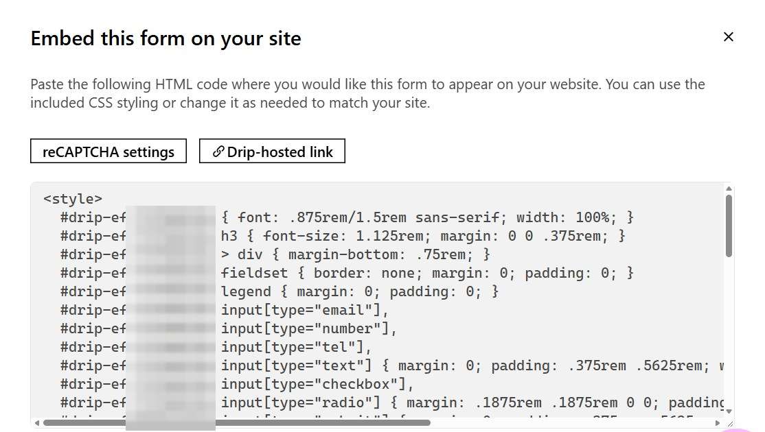 The Embed this form on your site dialog with the form's code
