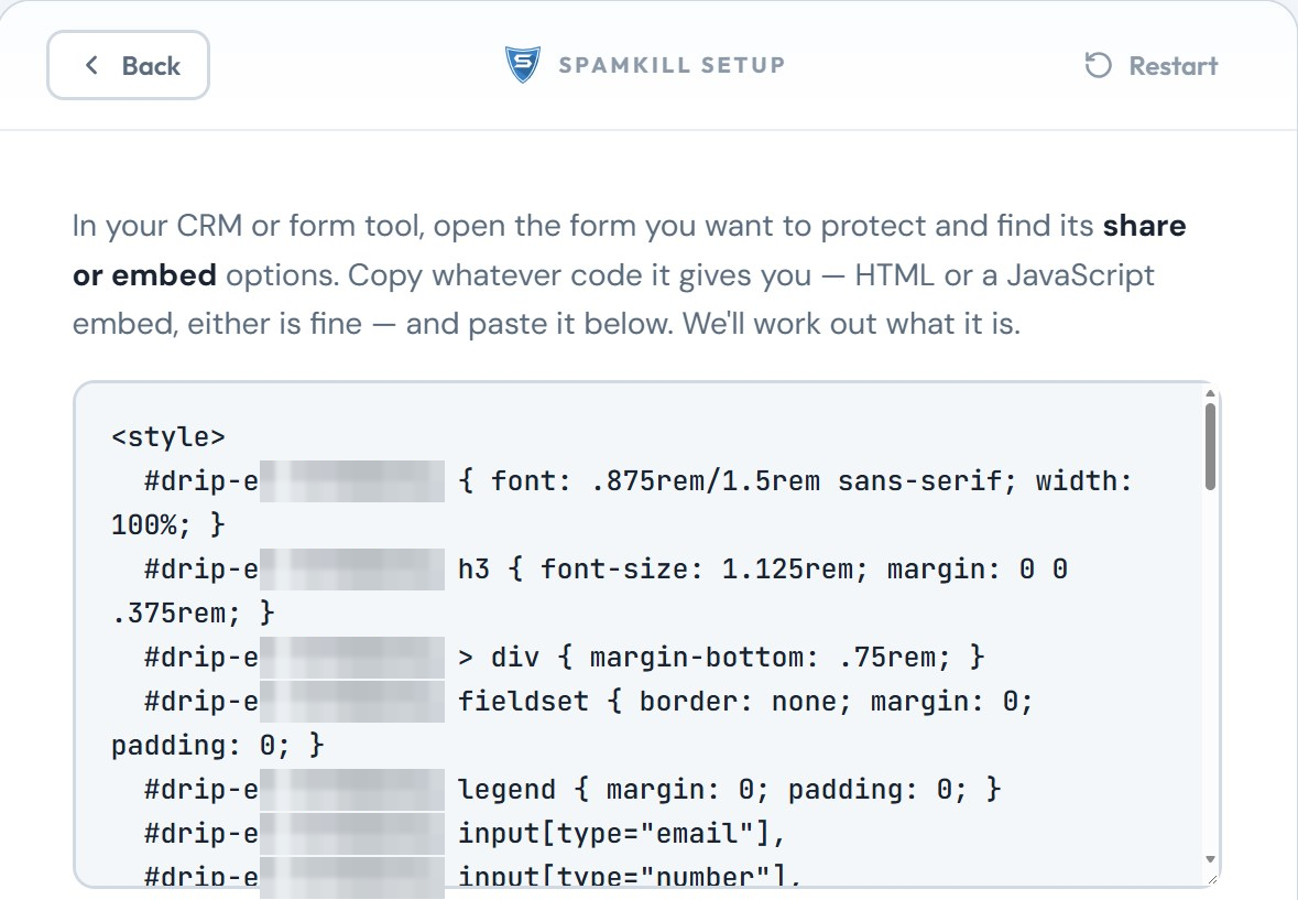 The Setup Wizard with Drip's form code pasted in the box