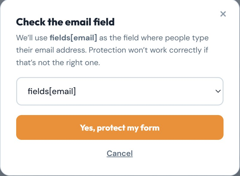 The Check the email field dialog with fields[email] selected and a Yes, protect my form button