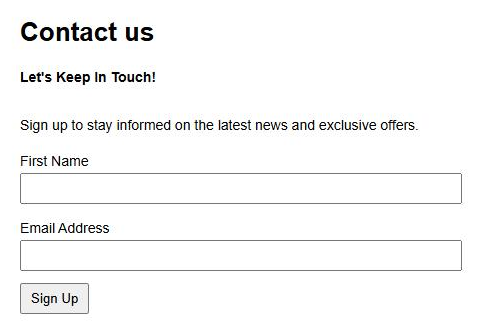 A Contact us page showing the protected Drip form with First Name, Email Address and a Sign Up button