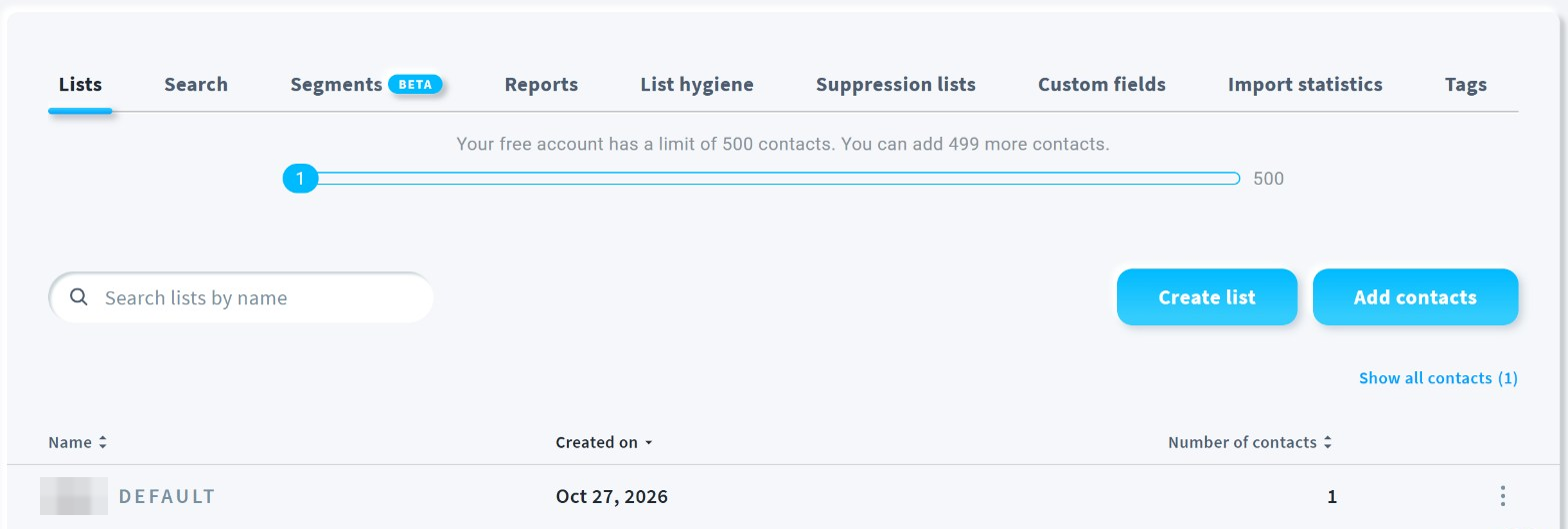 Contacts › Lists in GetResponse, with the default list and its actions button