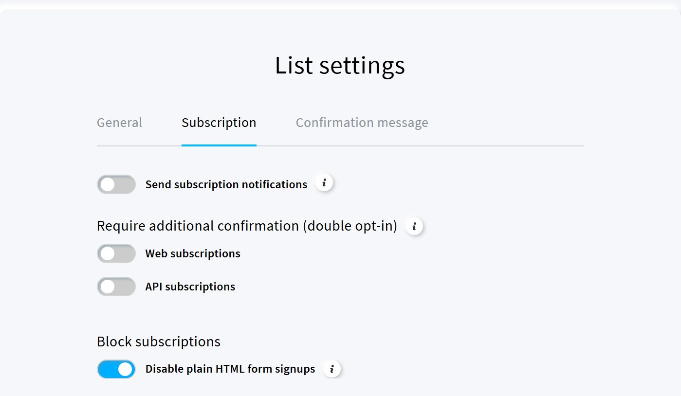 The Subscription tab of a GetResponse list, with Disable plain HTML form signups switched on