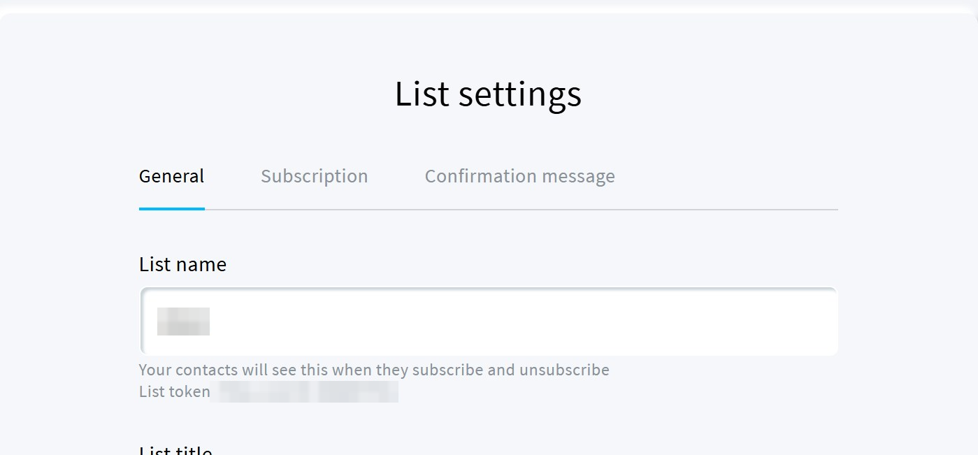 The General tab of GetResponse list settings, showing the list token and list ID under the list name