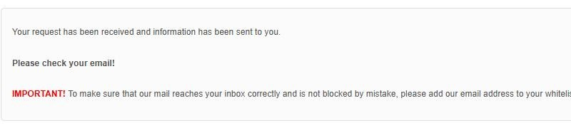 GetResponse's page saying Your request has been received and Please check your email