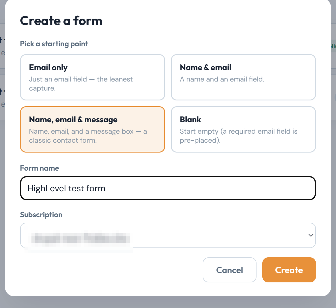 The Create a form dialog with Name, email and message selected and the form named HighLevel test form