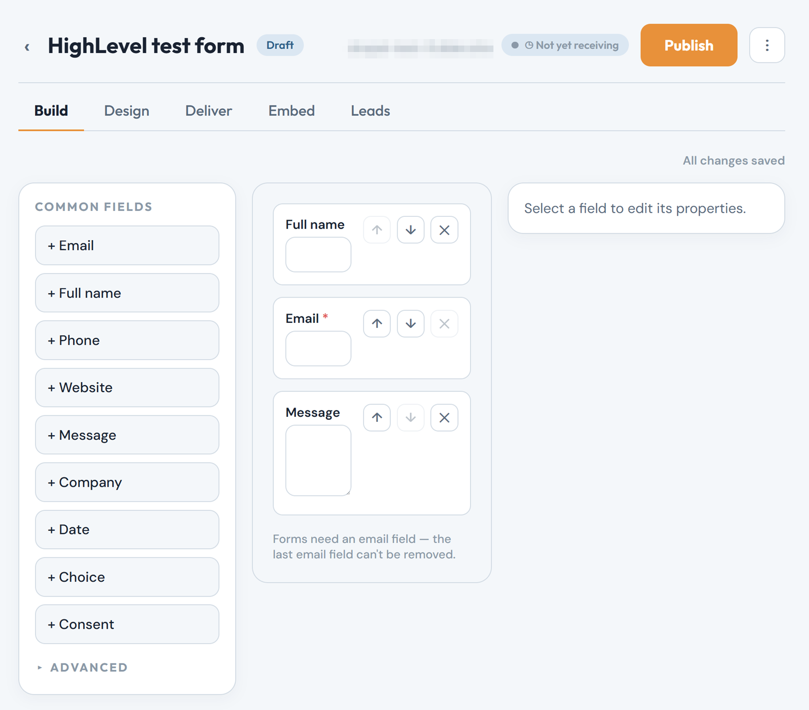 The Build tab, with the Common fields list on the left and the form's Full name, Email and Message fields in the middle