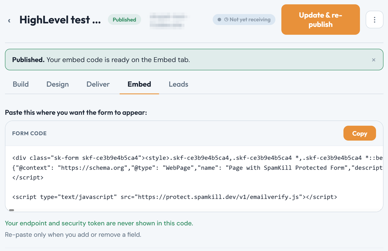 The Embed tab of a published form, showing the form code and a Copy button