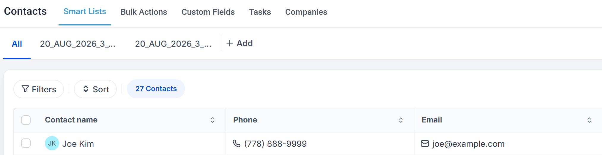 HighLevel Contacts with the test contact at the top of the list