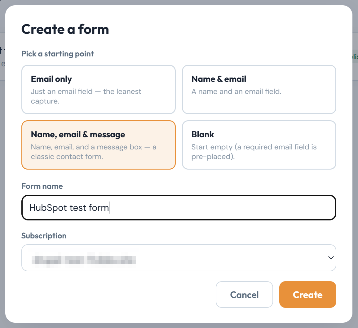 The Create a form dialog with Name, email and message selected and the form named HubSpot test form