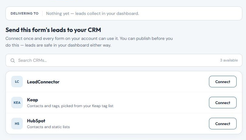 The Deliver tab listing LeadConnector, Keap and HubSpot, each with a Connect button
