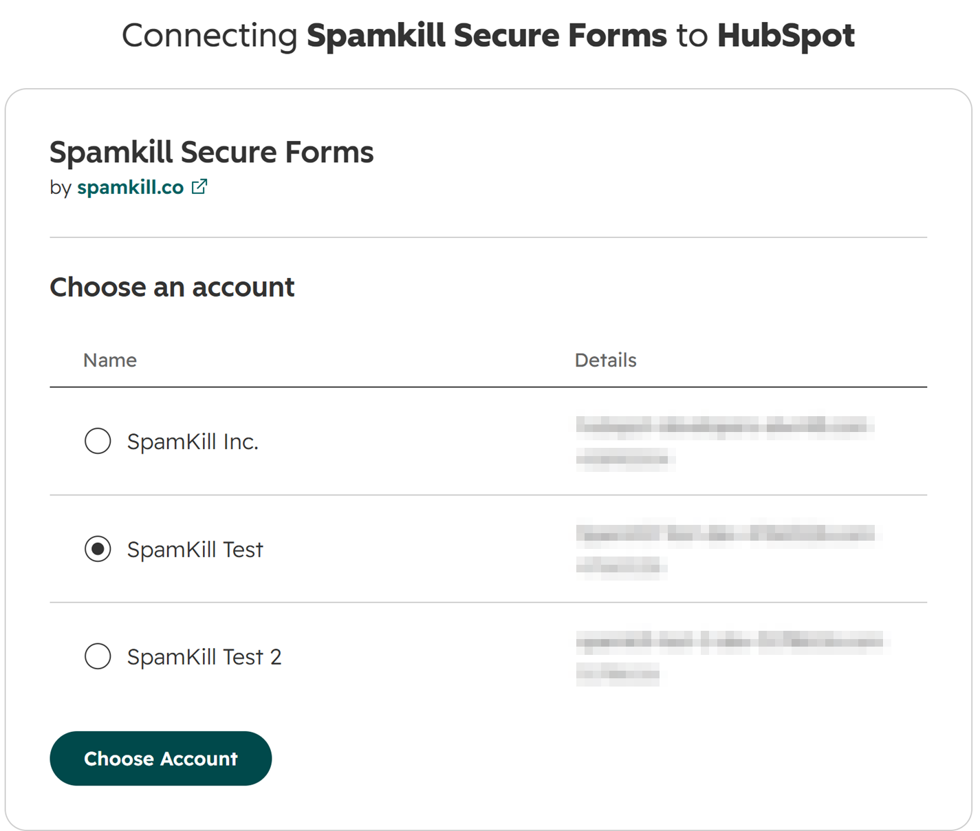 HubSpot's Choose an account screen for Spamkill Secure Forms, with one account selected