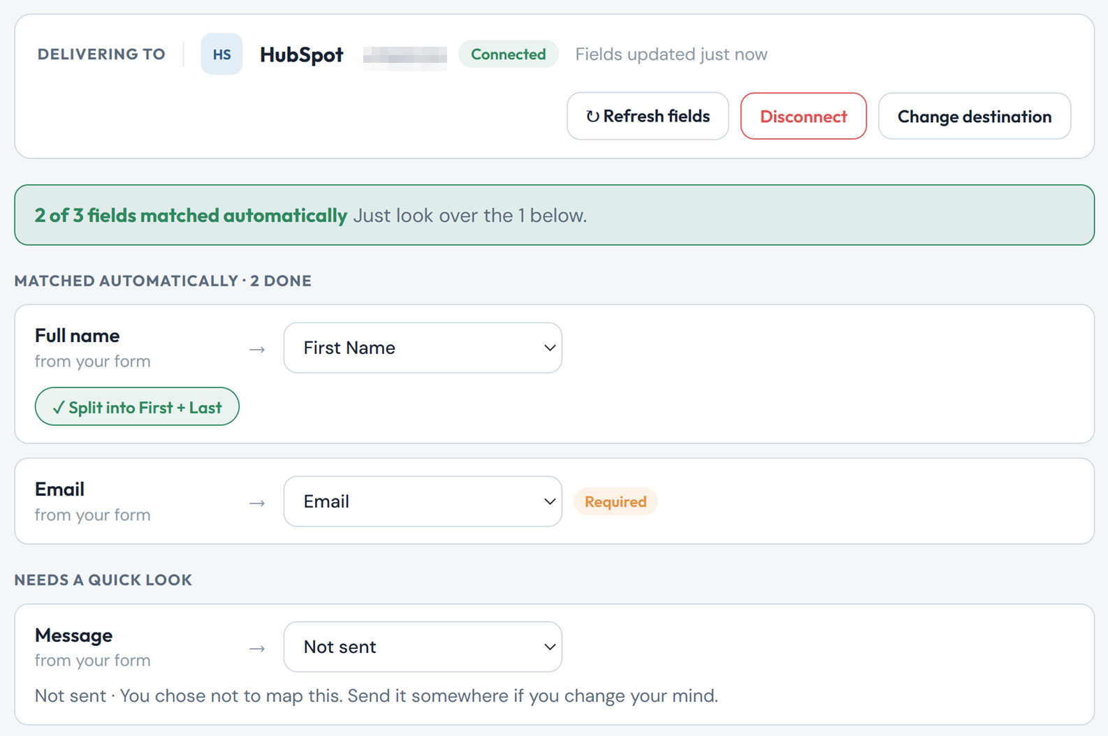 The field mapping: Full name to First Name with Split into First and Last, Email to Email, and Message set to Not sent