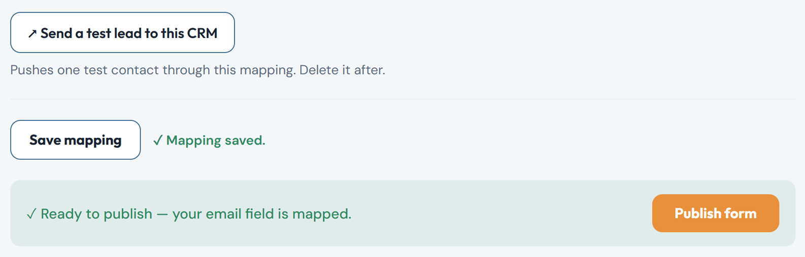 The Save mapping button with Mapping saved, and the Publish form button