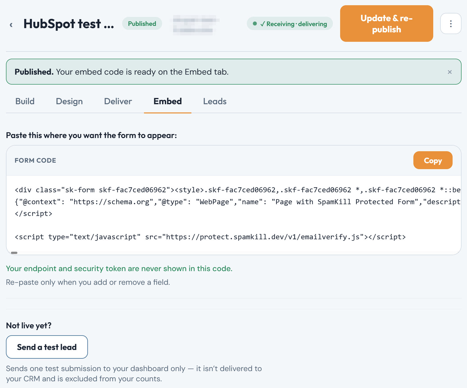 The Embed tab of a published form, showing the form code and a Copy button