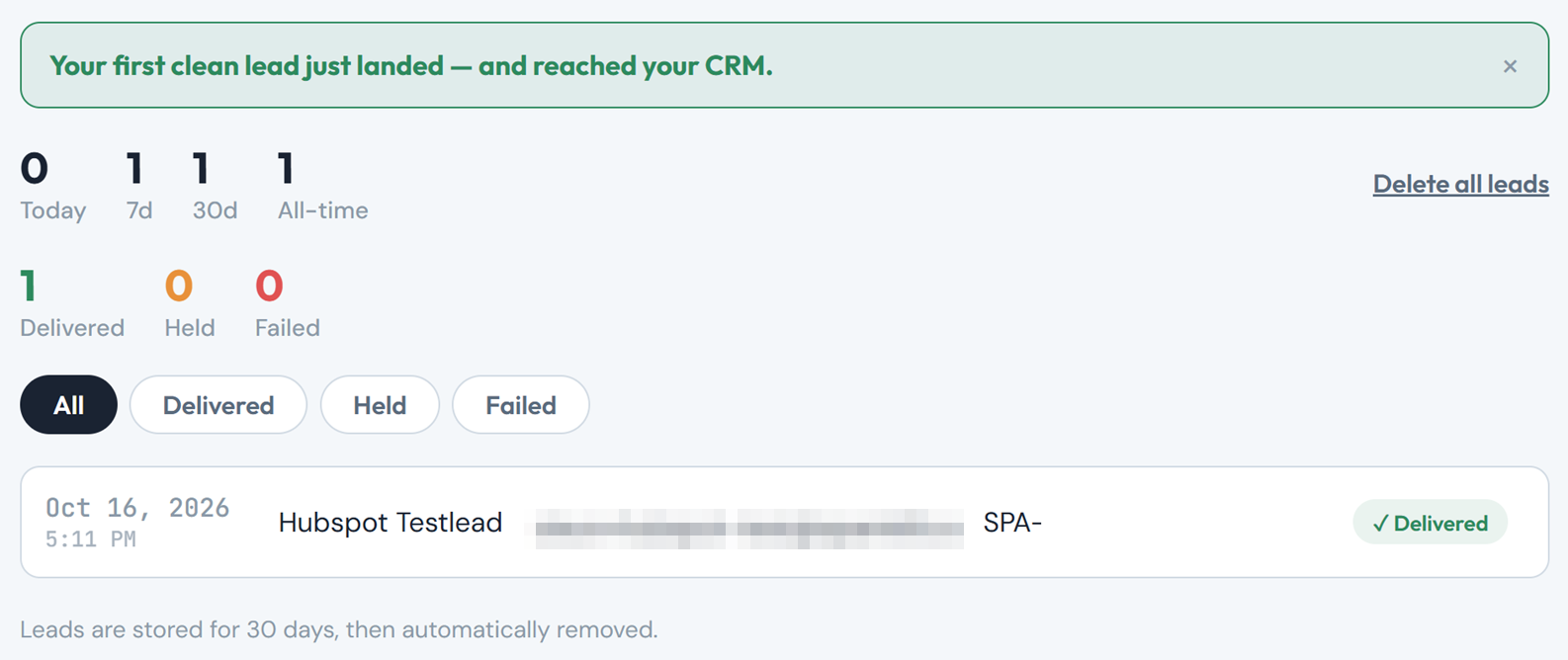 The form's Leads tab showing one lead marked Delivered and the message Your first clean lead just landed and reached your CRM