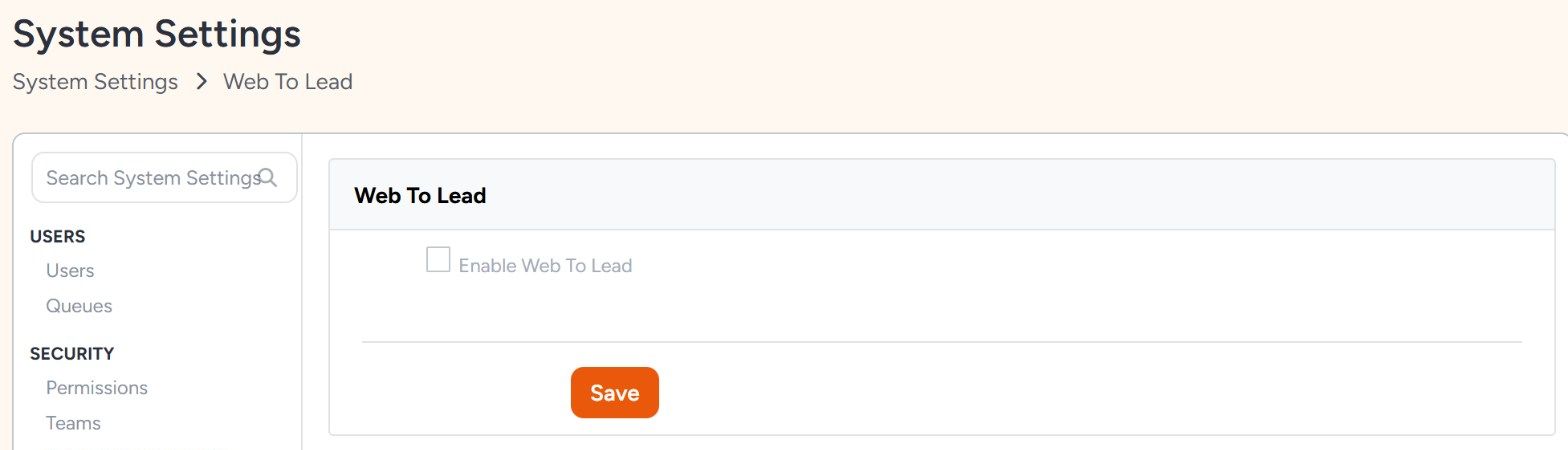 Insightly System Settings › Web To Lead with the Enable Web To Lead checkbox and a Save button
