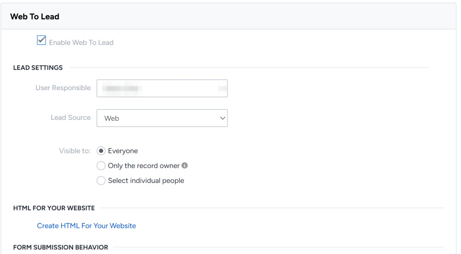Web To Lead enabled, showing lead settings and a Create HTML For Your Website link