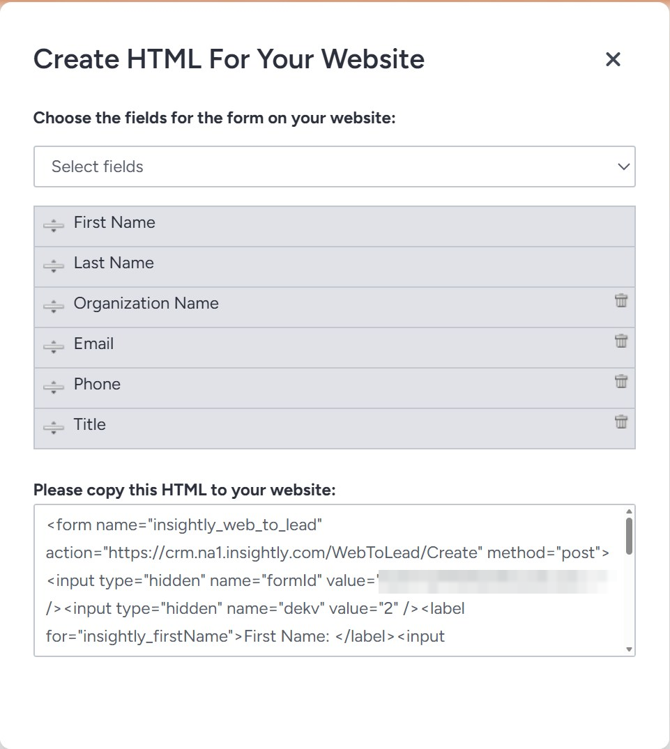 Insightly's Create HTML For Your Website dialog with the field list and the HTML box