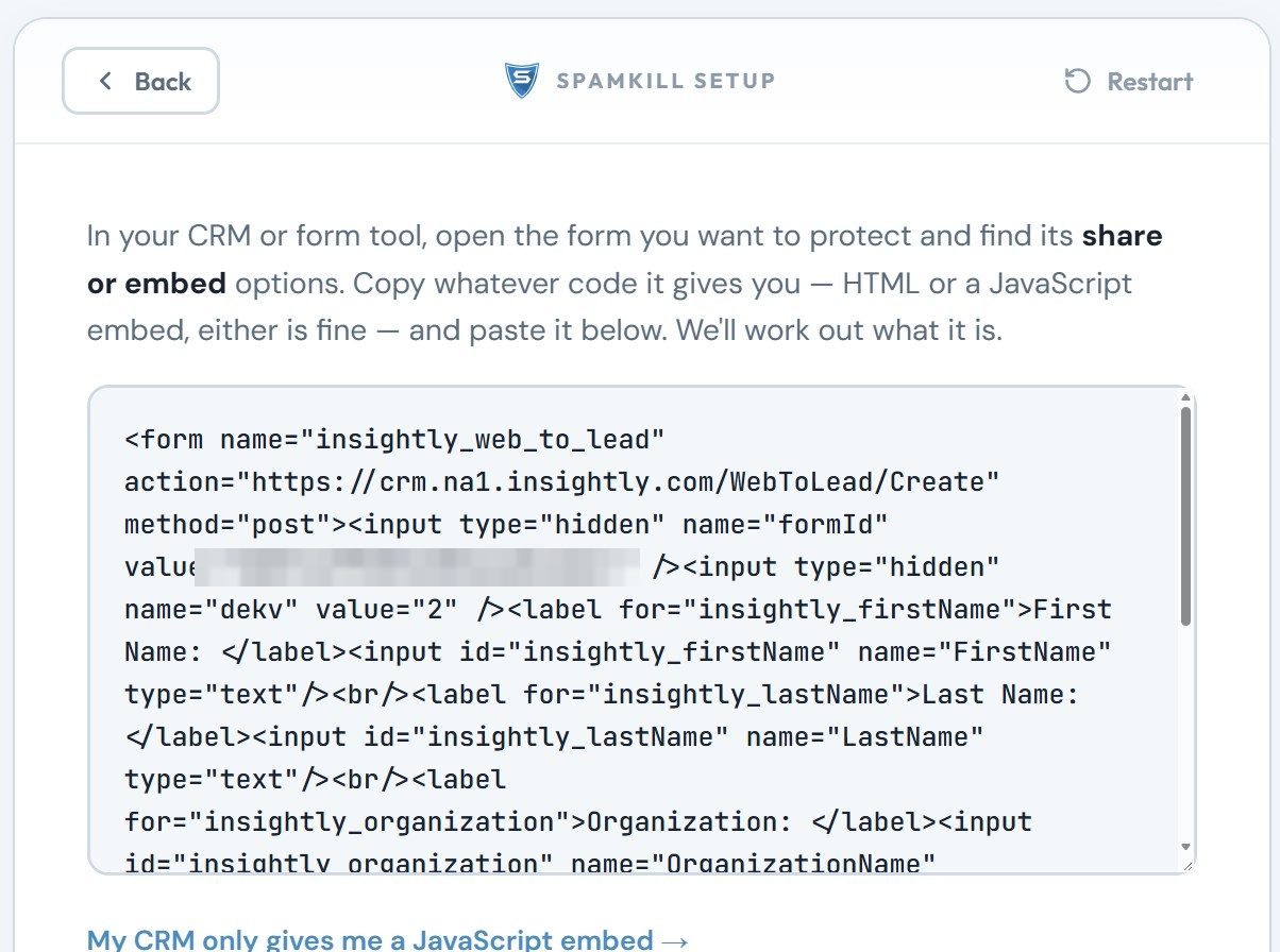 The Setup Wizard with Insightly's Web to Lead HTML pasted in the box