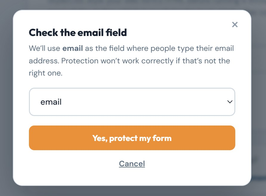 The Check the email field dialog with email selected and a Yes, protect my form button