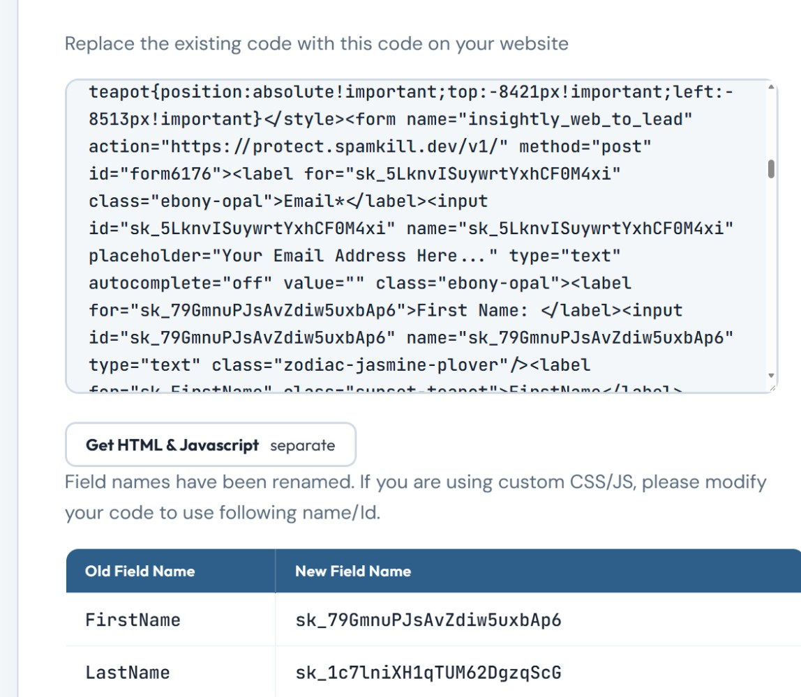 Replace the existing code with this code on your website, above the protected form code posting to protect.spamkill.dev