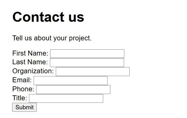 A Contact us page showing the protected Insightly form with name, organization, email, phone and title fields