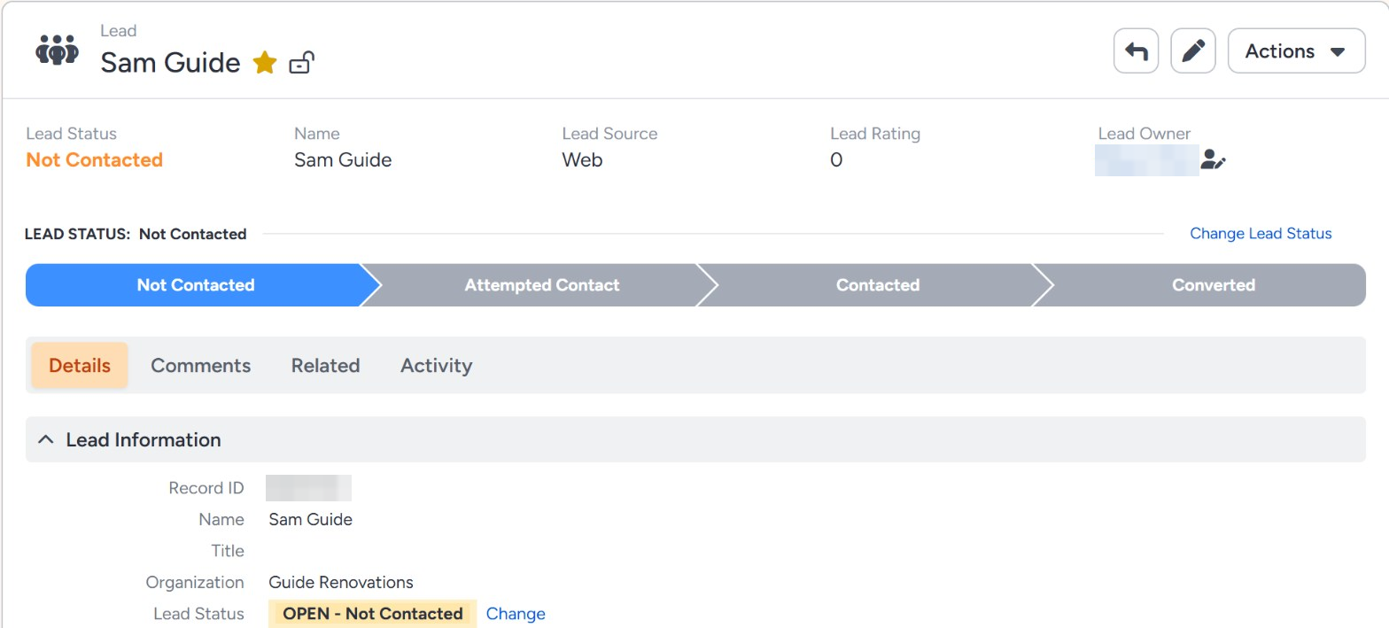 The new lead in Insightly with Lead Source Web and the organization from the form