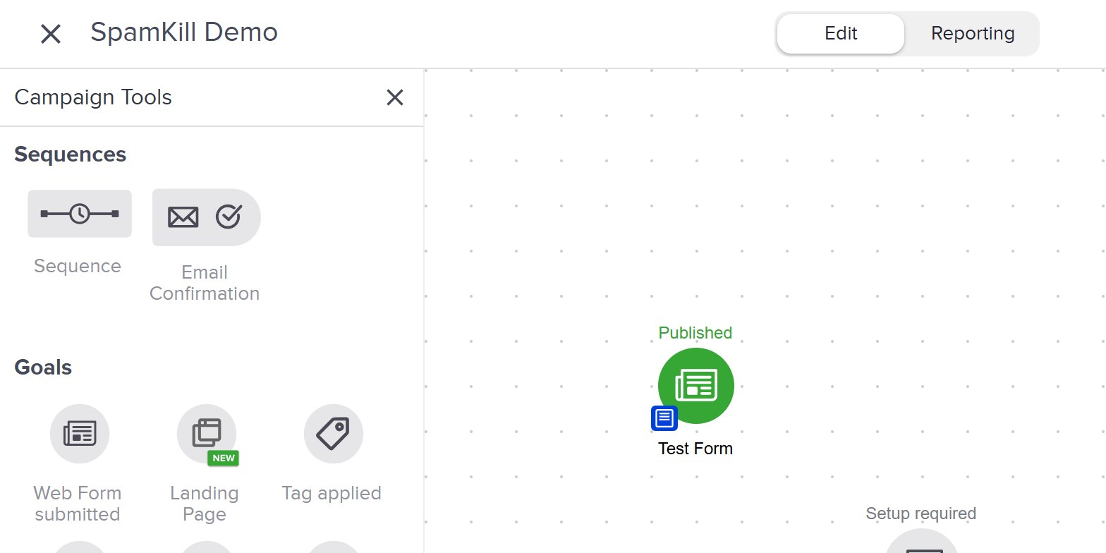 An automation in Automation Builder with a published Web Form goal named Test Form, and the Campaign Tools panel on the left