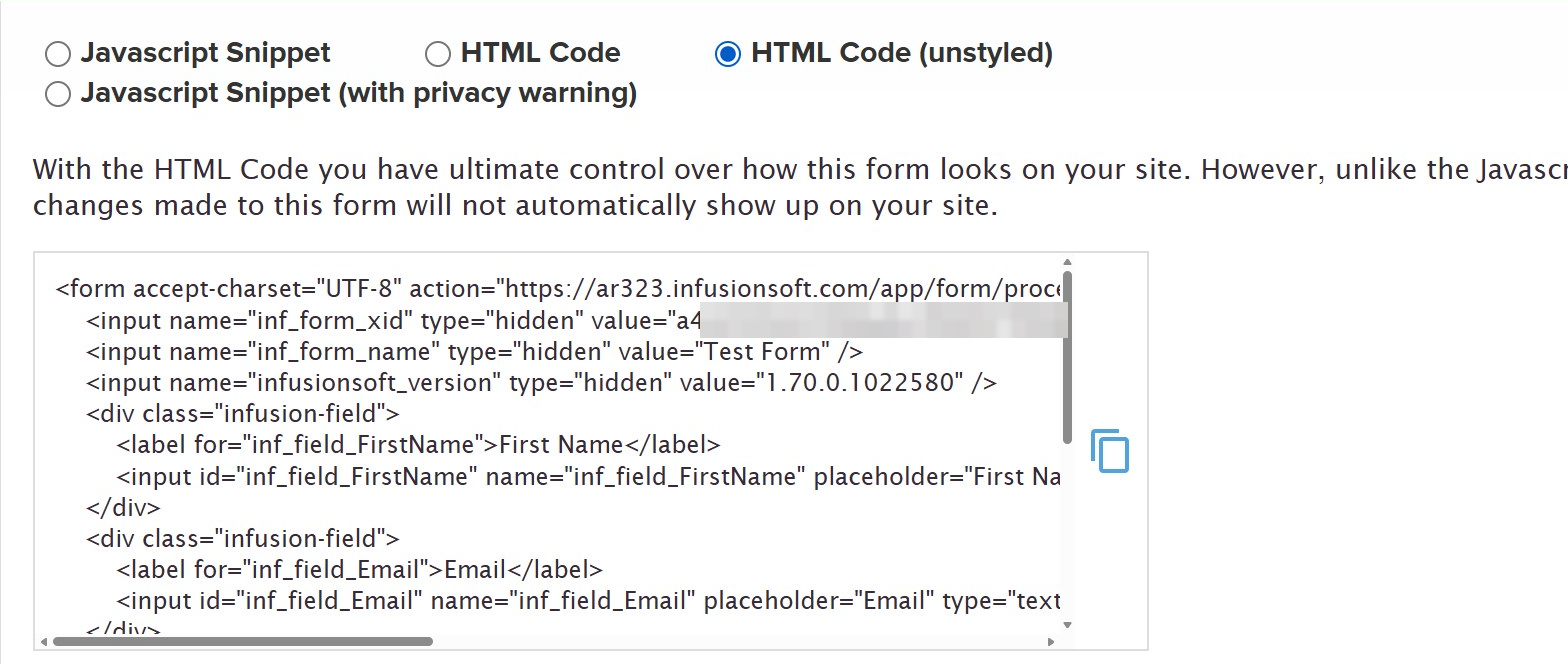 The Code tab with HTML Code (unstyled) selected, the form HTML in a box and a copy icon beside it